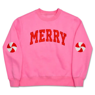 Iscream Merry Sweatshirt
Pink sweatshirt with 'MERRY' text and candy cane designs on sleeves against a white background