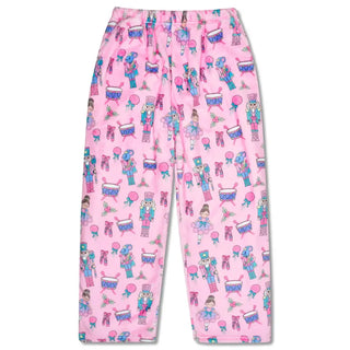 Iscream Nutcracker Waltz Plush Pants
Pink pajama pants with a colorful pattern on a white background