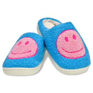 Iscream Pink & Blue Happy Slippers
Blue slippers with pink smiley face design on a white background