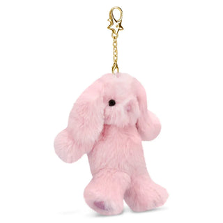 Iscream Pink Bunny Bag Charm 
Pink plush dog keychain with a gold clasp on a white background