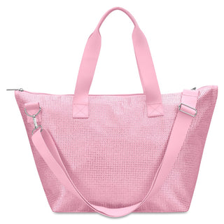 Iscream Pink Rhinestone Weekender Bag
Pink mesh tote bag with a shoulder strap on a white background