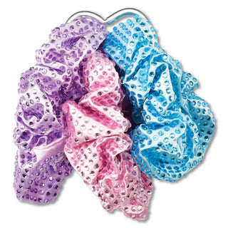 Iscream Rhinestone Scrunchie Set
Three colorful scrunchies in purple, pink, and blue on a white background