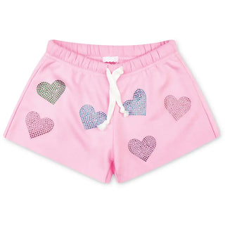 Iscream Sparkling Hearts Sweat Shorts
Pink shorts with heart-shaped cutouts featuring rhinestones on a white background
