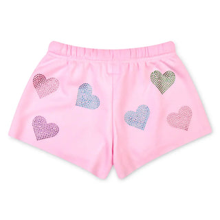 Iscream Sparkling Hearts Sweat Shorts
Pink shorts with heart-shaped rhinestone embellishments on a white background