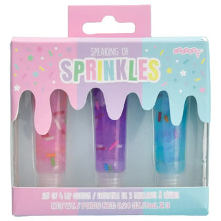 Iscream Sprinkle Lip Gloss Set
Packaging of lip glosses with colorful design and text 'Speaking of Sprinkles' on a white background.