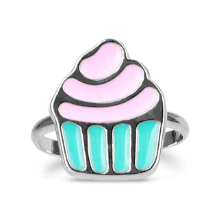 Iscream Sprinkles Nail Polish & Ring Set
Cupcake-shaped ring with pink frosting and turquoise stripes on a white background
