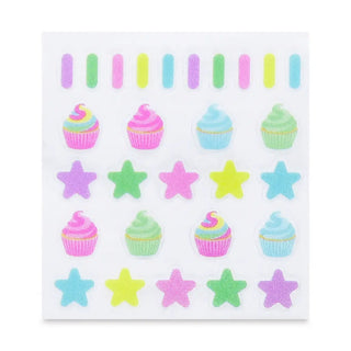 Iscream Sprinkles Nail Polish & Ring Set
Sheet of colorful stickers featuring cupcakes and stars on a white background