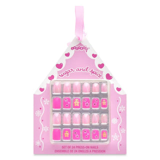 Iscream Sugar And Spice Press On Nails
A pink house-shaped retail package containing a set of 24 press-on nails. The packaging is decorated with pink hearts, white swirls, and the text 'sugar and spice' and 'SET OF 24 PRESS-ON NAILS'.