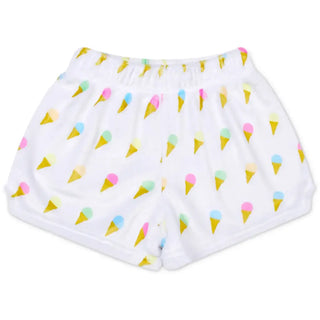 Iscream Sweet Scoops Plush Shorts
White shorts with colorful ice cream cone pattern on a white background