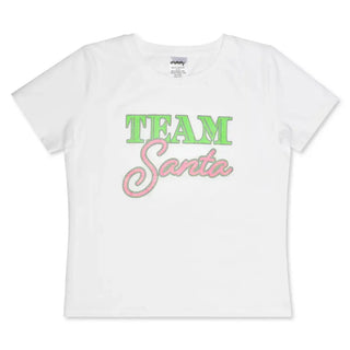 Iscream Team Santa T-Shirt
White t-shirt with 'Team Santa' text in green and pink on a white background
