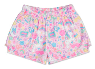 Iscream Unicorn Kisses plush shorts with colorful unicorn print and soft fleece texture front view