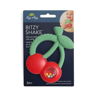 Itzy Ritzy Bitzy Shake silicone teether with rattle, featuring cherry-shaped design and colorful silicone beads for soothing babies.