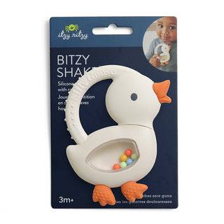 Itzy Ritzy Bitzy Shake silicone teether with rattle featuring a cute goose design for teething relief and sensory play.