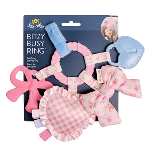 Itzy Ritzy Bow Bitzy Busy Ring activity toy for babies with colorful rings and a bow design, engaging and safe for little hands.