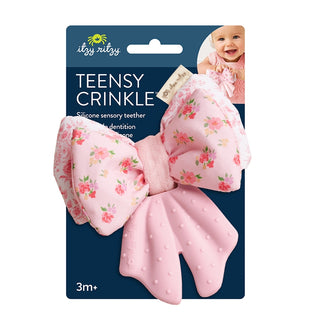 Itzy Ritzy Bow Teensy Crinkle teether with soft crinkle fabric and colorful bow design for babies.
