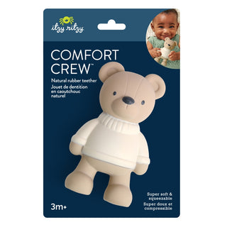 Itzy Ritzy Comfort Crew™ - Bear
Packaging of a teddy bear-shaped comfort crew teether with a child holding a similar product on the side.