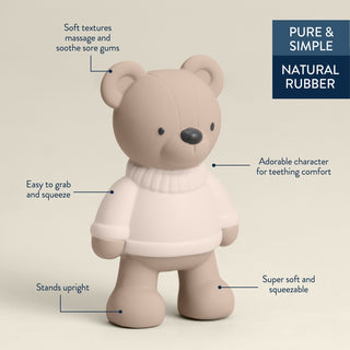 Itzy Ritzy Comfort Crew™ - Bear
Teddy bear teether with text describing its features on a beige background