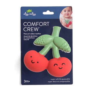Itzy Ritzy Comfort Crew™ cherry-shaped teether with soft silicone and textured surfaces for soothing and teething relief.