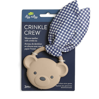 Itzy Ritzy Crinkle Crew taupe bear teether with soft fabric and crinkle sound, designed for soothing and teething comfort.