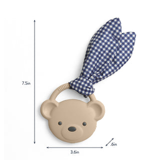 Itzy Ritzy Crinkle Crew Taupe Bear teether with soft fabric and crinkle textures, designed for infants to chew and soothe gums.