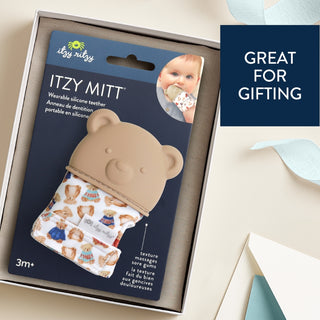 Itzy Ritzy Teething Mitt - Vintage Bear
 Itzy Ritzy Itzy Mitt wearable silicone teether packaging with a baby image on a beige background