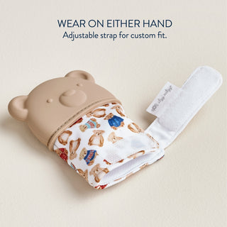 Itzy Ritzy vintage bear teething mitt with soft fabric and textured teething surface for babies to chew on comfortably.