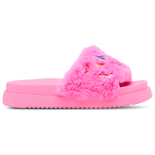 Steve Madden Kid's Dumbo - Hot Pink
A single pink slide sandal with a fluffy faux-fur strap and small metallic rhinestone embellishments, shown from a side profile on a white background.