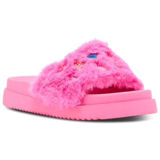 Steve Madden Kid's Dumbo - Hot Pink
A bright pink slide sandal with a fluffy faux-fur upper and a thick platform sole, shown on a clean white background.