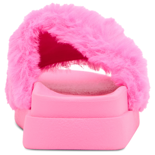 Steve Madden Kid's Dumbo - Hot Pink
A bright pink fluffy faux-fur slide sandal with a chunky platform sole, shown from a front-facing angle on a white background.