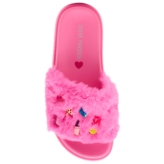 Steve Madden Kid's Dumbo - Hot Pink
A single pink slide sandal by Steve Madden, featuring a fluffy pink faux-fur strap adorned with small colorful embellishments, on a solid white background.