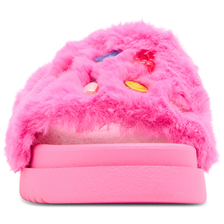 Steve Madden Kid's Dumbo - Hot Pink
A bright pink fuzzy slide sandal with colorful embroidered details on the strap, shown against a plain white background.