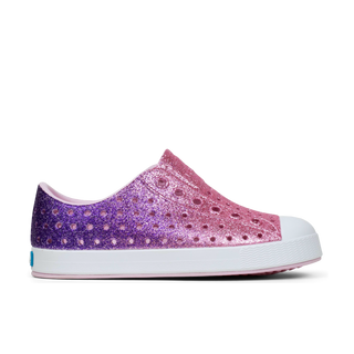 Native Jefferson Bio-Bling™ - Parachute Glamour Bling / Shell White
Purple glitter sneaker on a white background