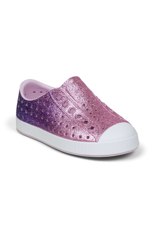 Native Jefferson Bio-Bling™ - Parachute Glamour Bling / Shell White
Pink glittery shoe with white sole on a white background