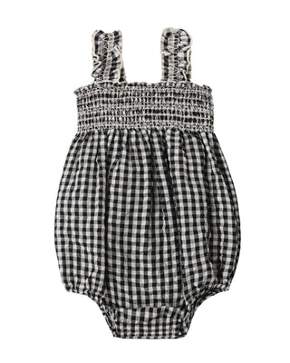 Black check Rylee & Cru Julia romper displayed on a child, featuring a comfortable, stylish design perfect for casual wear.