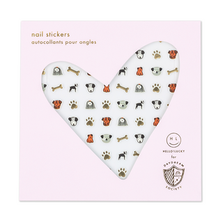 Jollity & Co Bow Wow Nail Stickers
Heart-shaped nail sticker set with dog and paw print designs on a pink background