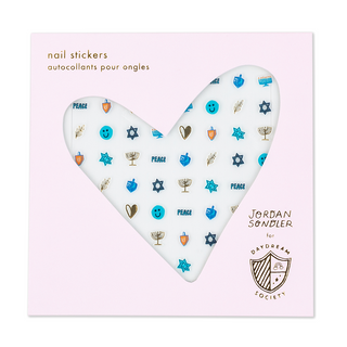 Jollity & Co Festival of Lights Nail Stickers
Heart-shaped nail sticker sheet with various designs on a pink background, featuring the brand 'Jordan Sandler for Daydream Society'.