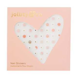 Jollity & Co Peace & Love Nail Stickers
Heart-shaped nail sticker packaging with 'jollity & co' branding on a pink background