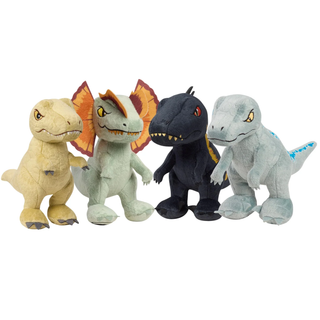 Jurassic World Dominion 7" Plush
Four dinosaur plush toys in different colors on a white background