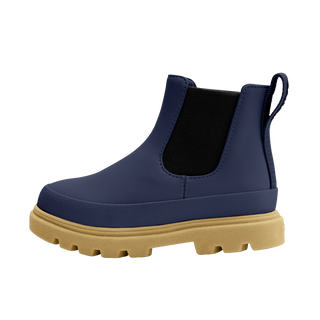 Native Kensington Chelsea Child - Regatta Blue / Gum Brown
A navy blue Chelsea-style ankle boot with a thick tan sole, shown in a side profile on a plain white background.