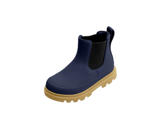 Native Kensington Chelsea Child - Regatta Blue / Gum Brown
A single navy blue rubber rain boot with a black elastic side panel and a tan sole, shown on a plain white background.