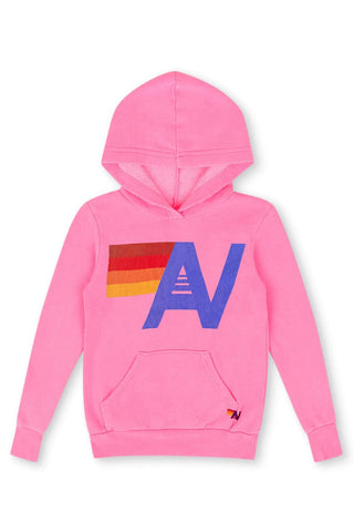 Aviator Nation Kids Logo Pullover Hoodie - Neon Pink
Pink hoodie with colorful logo on a white background