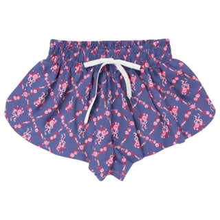 KatieJ NYC Tween Farrah Short - Sailboat Trellis Floral 
Blue shorts with pink floral pattern on a white background