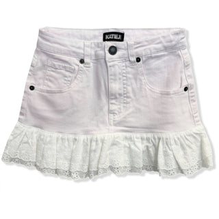 KatieJ NYC Tween Positano Eyelet Ruffle Denim Skirt - Light Pink
White denim skirt with lace hem on a white background