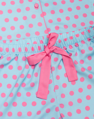 Kids' silky short sleeve pajama set with polka dot pattern from Sunshine Society, featuring a comfortable, playful design.
