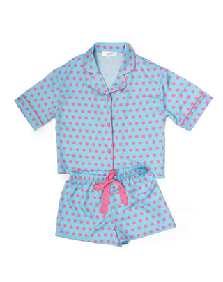 Kids' Sunshine Society Polka Pop silky short sleeve pajama set with colorful polka dot design on soft fabric.