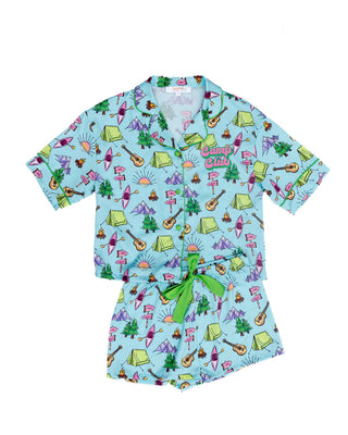 Kids' Sunshine Society camp-themed silky short sleeve pajama set with colorful print, perfect for comfortable sleepwear.