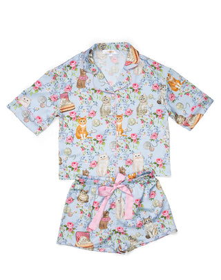 Kids' silky short sleeve pajama set featuring cute house cat design by Sunshine Society, perfect for comfortable sleepwear.