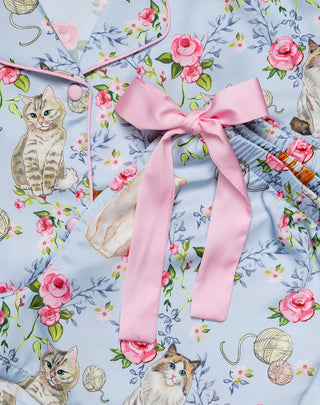 Kids' silky short sleeve pajama set with house cat print by Sunshine Society, featuring a comfortable, playful design.