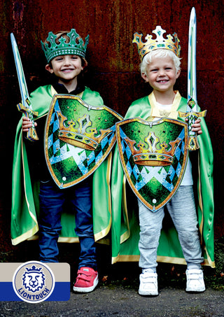 Liontouch Sword - Kingmaker
Two children in royal costumes with shields and crowns, holding swords against a dark background.