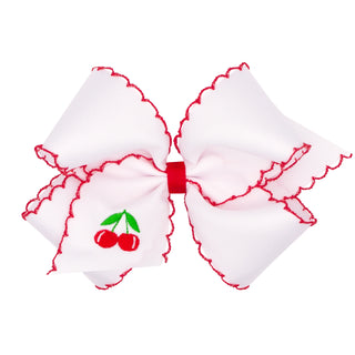 King Wee Ones Embroidered Hair Bow on Clippie - Cherry
Large white bow with red edges and a cherry design on a white background